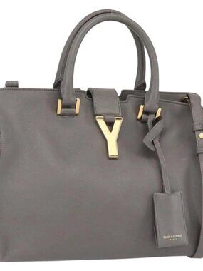 SAINT LAURENT Petit Cabas Hand Bag Leather 2way Gray Gold Auth